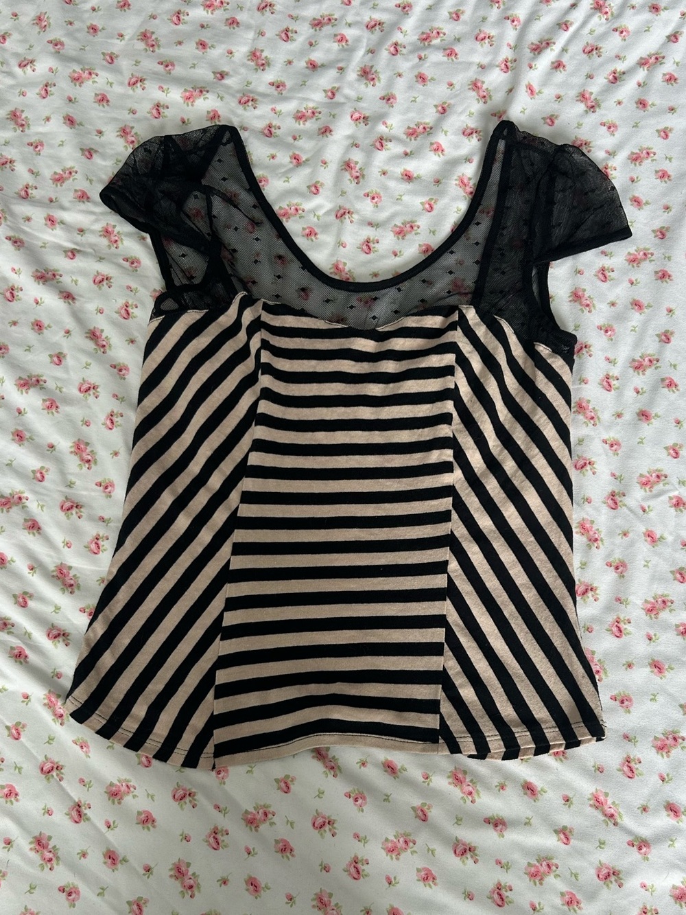 Monteau Black and Cream Striped Tank with Sheer Mesh Yoke